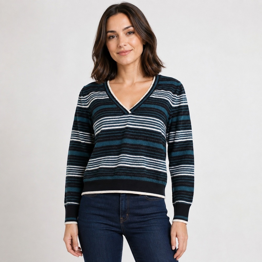 Veronica Beard Women L Rosalin Merino Wool Striped V Neck Sweater Preppy Coastal